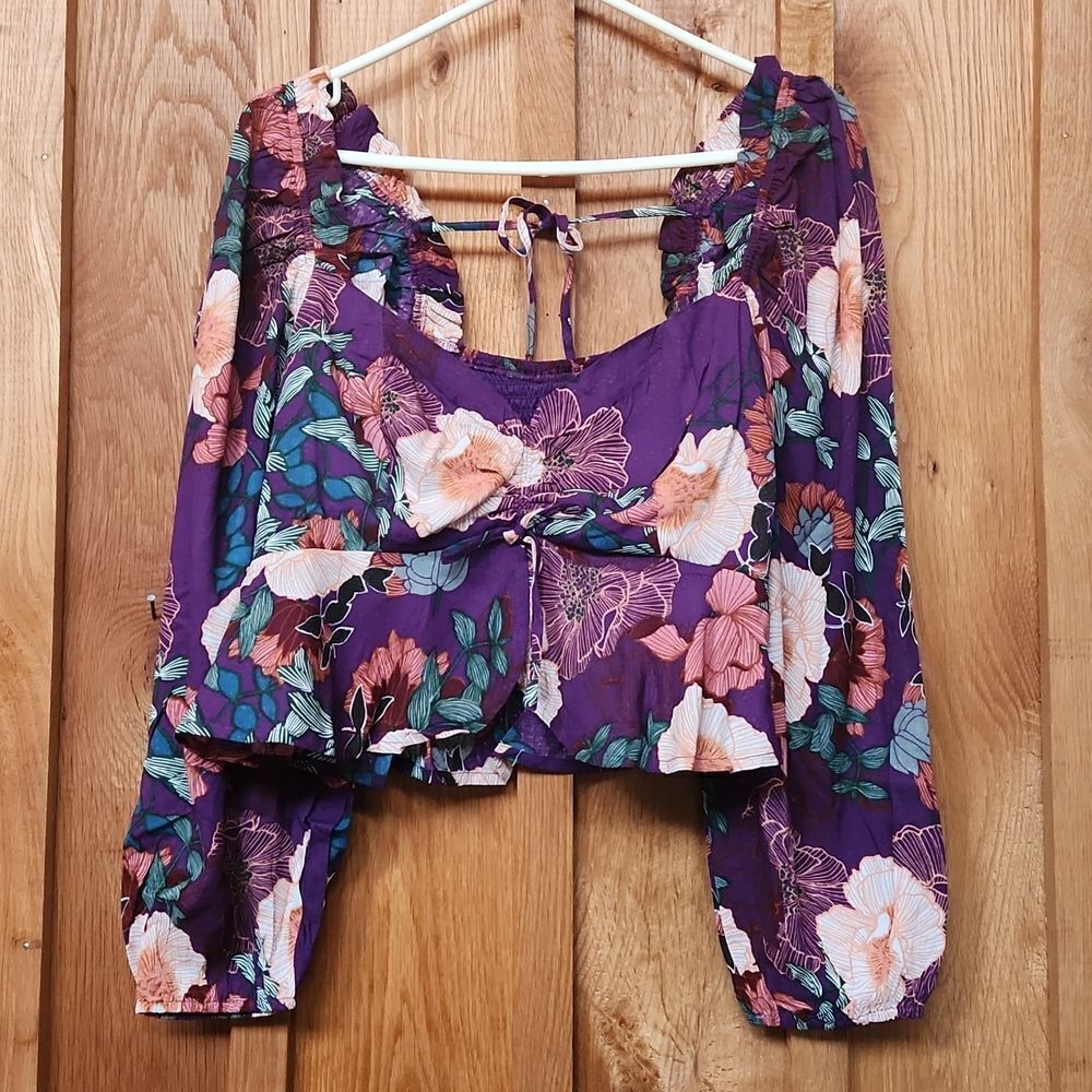 Band of Free Long Balloon Sleeve Ruffle Bohemian Crop Top, Large, Purple Floral